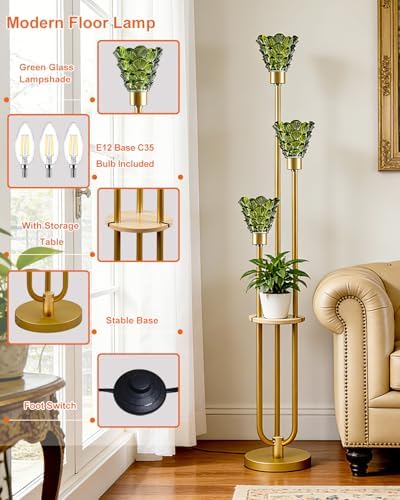 3-Light Modern Glass Floor Lamp with Shelf, Gold Tall Standing Lamp with Green Flower Glass Shade, LED Floor Lamp with Foot Switch& 5Lbs Heavy Base for Living Room Bedroom, Bulb Included