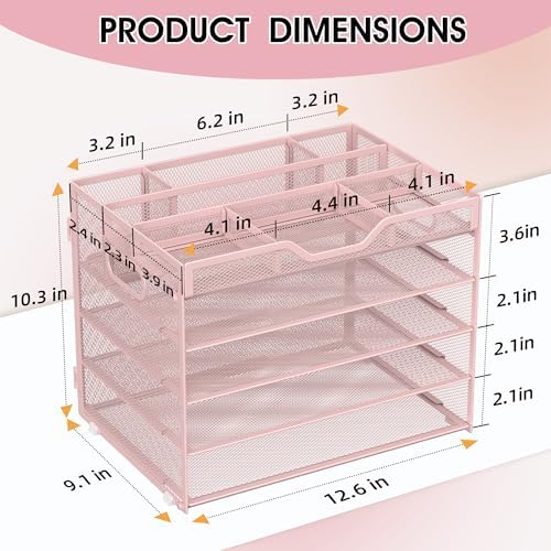 5 Tier Paper Letter Tray Desk Organizer with Pen Holders - Pink