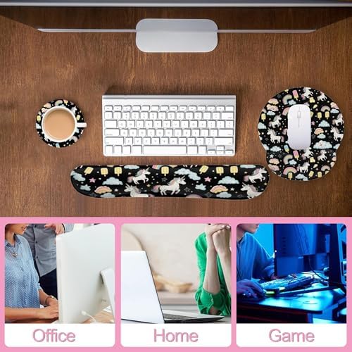 Cute Unicorn Starry Sky Rainbow Ergonomic Wrist Support Keyboard Mouse Wrist Rest Set, Computer Office Comfortable Wrist Rest for Mouse Easy Typing