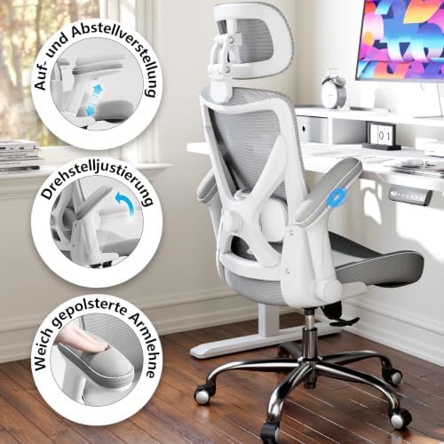 TRALT Office Chair - Ergonomic Office Chair with Adjustable Lumbar Support Headrest Office Desk Chair - Gaming Chair in X-Shape Office Chair - Desk Chair Computer Chair 150 kg White/Grey