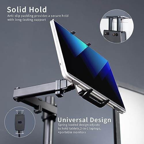 VIVO Universal Tablet Desk Mount, Single Arm Adapter for 2-in-1 Laptops, Holds up to 15.6 inch Portable Monitors Without VESA Holes, Fully Adjustable Stand, Black, STAND-V001UVM