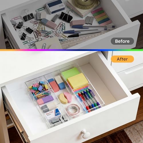 HIIMIEI Acrylic Drawer Organizer, 6 Section Clear Makeup Tray Organizer for Drawer Office Bedroom(11.8x11.8 inch) (Pack of 2)