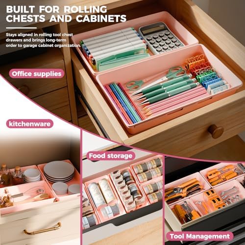 [6 PCS Extra-Large] Pink Drawer Organizer Trays with Non-Slip Pads, Interlocking Storage Bins for Vanity, Desk, Bathroom, Kitchen, Home Office and Utility Drawers