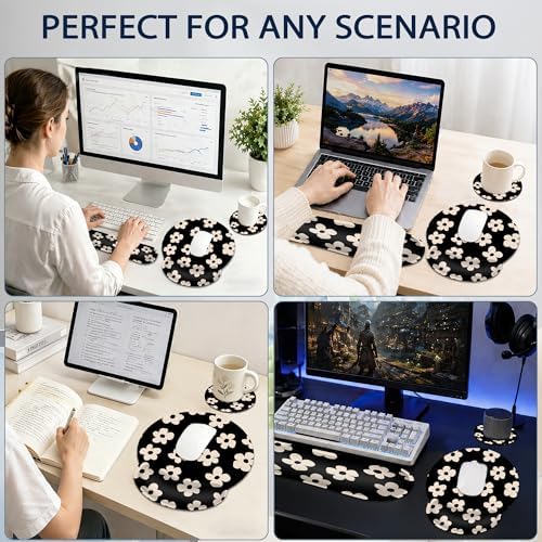 Ergonomic Keyboard and Mouse Wrist Rest Set, Abstract Black Flower Mouse Pad with Non Slip Base, Soft Cloth Surface for Office and Home Typing Support