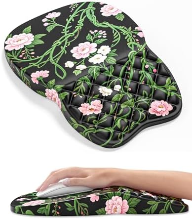 Auhoahsil Ergonomic Mouse Pad with Wrist Rest, Comfortable Slope Computer Mouse Mat with Wrist Support, Memory Foam Filling, Non-Slip Silicone Base, Pain Relief for Gaming Work, 8" x 12", Black Vines
