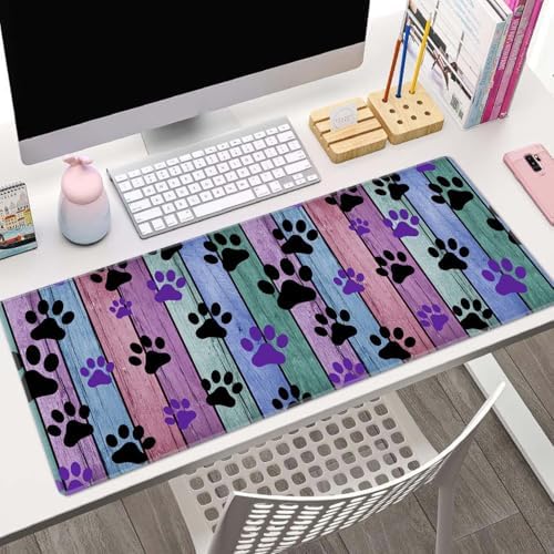 Dog Paw Desk Mat Black and Purple Large Extended Mouse Pad XL Desk Pad Gaming Mousepad Keyboard Mouse Mat for Computer Laptop 31.5''X11.8'' Non-Slip Rubber Base with Stitched Edges