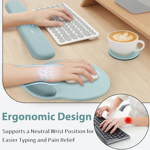Sushret Mouse Pad and Keyboard Wrist Rest, 3-in-1 Gel Memory Foam Ergonomic Mouse Pad with Wrist Rest Set, Gaming Mousepad Arm Cushion Support for Computer Office Desk Accessories Cute, Seafoam Blue