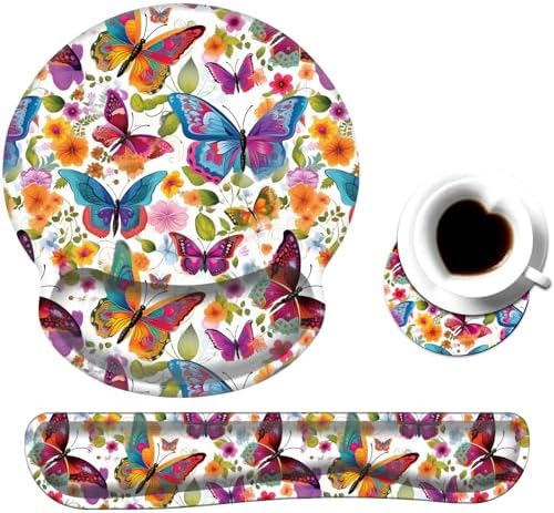 Keyboard Wrist Rest and Mouse Pad Wrist Support Set with Coaster,Ergonomic Mouse Pad,Comfortable for Easy Typing, Pain Relief,Memory Foam Keyboard Pad Set for Laptop Mac,Colorful Butterfly and Flower