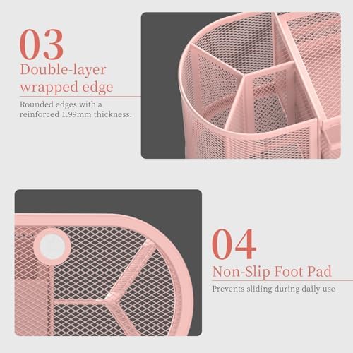 SUPEASY Mesh Desk Organizer, Pen Holder for Desk with 2 Drawers, Pink