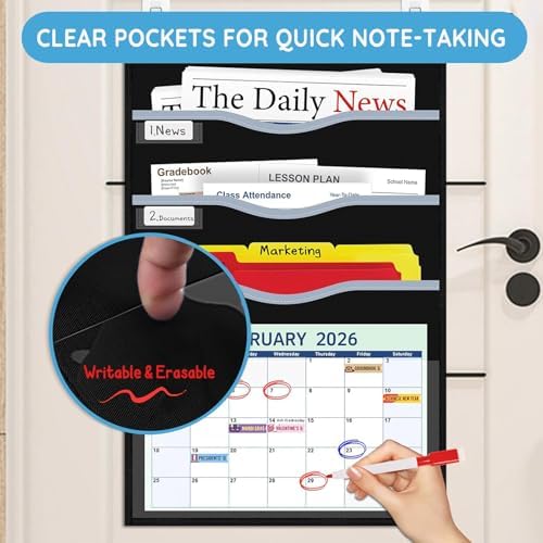 ALSLEA 4 Pockets Hanging Wall File Organizer 15" Extra Wide Pocket Chart for Classroom, Office, Home, Mail Organizer Wall Mounted with 1 Writable Clear Pocket, 5 Wall/ Door Hooks & 12 Labels (Black)