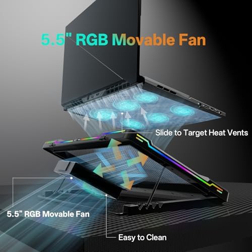 DEPGI Movable RGB Laptop Cooler with 5.5" Sliding Fan, Ergonomic Cooling Stand with 8 Light Modes for 14-17.3 Inch Gaming Laptops