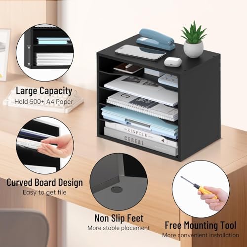 5-Tier Wood Desk Organizer, Paper Tray Organizer for Desk with Adjustable Storage Shelves, Desktop File Organization Paper Sorter Mail Holder for Office Home Classroom, Black (Pack of 2)