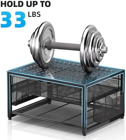 Marbrasse Metal Printer Stand for Desk with Storage Drawer and 2 Pen Holders, 2-Tier Desktop Organizer Printer Table for Home Office, Multi-Purpose Desk Organizer for Fax Machine Scanner Files(Black)