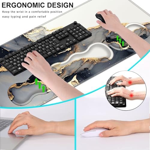 Keyboard Wrist Rest and Mouse Pad with Wrist Support Set Ergonomic Coaster,Memory Foam,Easy Typing Pain Relief,Large XL Desk Mat 31.5"x 11.8",Black Gold Marble