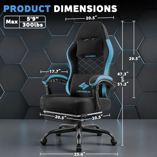 LEMBERI Gaming Chair, Fabric Big and Tall Video Game Chairs with Footrest, Massage Lumbar Support, Racing Style Ergonomic Computer Gamer Chair with Adjustable Headrest (Blue)