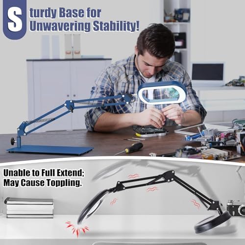 Drdefi 12X Square Magnifying Glass with Light and Stand, Real Glass LED Lighted Magnifier, 5 Color Modes Stepless Dimmable, Hands-Free Mag Desk Lamp with Clamp for Reading Craft Hobby Close Work Blue
