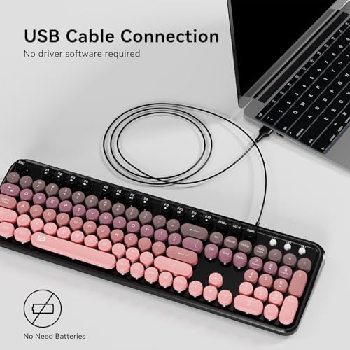 FOPETT 8870P Wired Keyboard and Mouse Combo - Full-Sized Computer Keyboards with 104 Round Keys Retro Typewriter Mouse and Keyboard for PC Windows Desktop Laptop - Pink Colorful