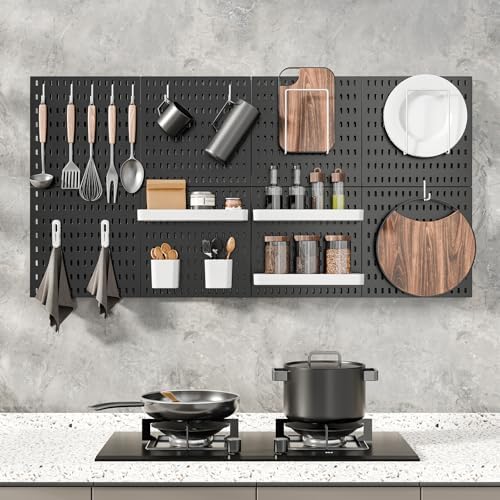 MULSAME Pegboard Combination Kit, Wall Mounted Storage Set with 4 Pegboards & 14 Accessories Hanging, Black Peg Boards Organizer for Walls Display, Crafts Organization, Kitchen Organizer, 22" x 22"