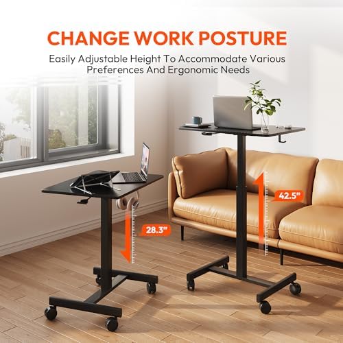 Standing Desk on Wheels, Pneumatic Adjust, Carbon Fiber+Black