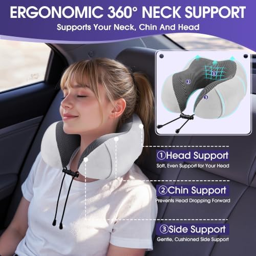 CloudBliss Neck Pillow for Sleeping, Memory Foam Travel Pillow, Light Grey