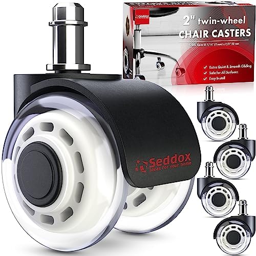 Office Chair Wheels Replacement Set of 5 - Dual 2 Inch Soft Chair Casters for Hardwood Vinyl Tile - Heavy Duty & Safe for All Floors - Fits 98% of Computer Gaming & Office Chairs - White