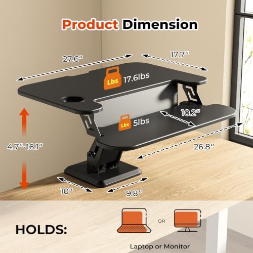28" Small Standing Desk Converter with Keyboard Tray, Black