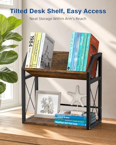 Desktop Bookshelf, Wooden Desk Shelf Organizer, Brown