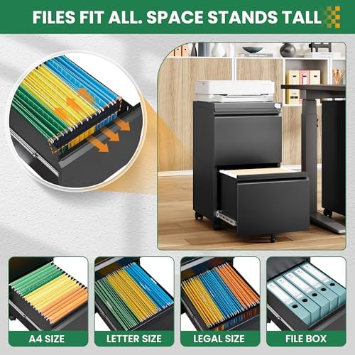 2 Drawer Locking Under Desk Metal Storage Cabinet on Wheels for Legal/Letter/A4 Files (Fully Assembled, Black)