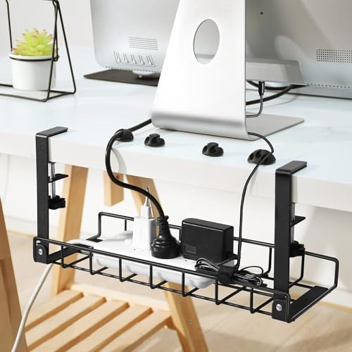 Under Desk Cable Management Tray 2 Pack, Xpatee Wire Management No Screws, Cable Tray with Clamp for Wire Management, Computer Code Rack for Office, Home - No Damage to Desk Black