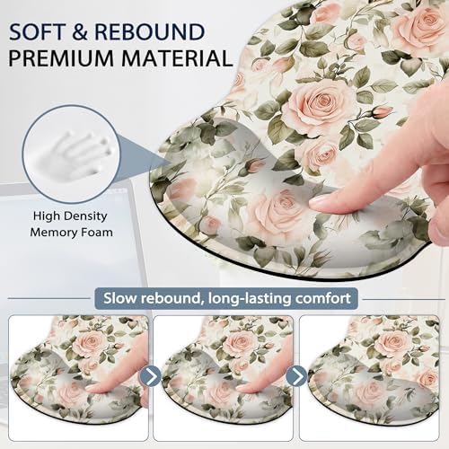 Pink Roses Keyboard Wrist Rest Pad Ergonomic Mouse Pad Set,Vintage 3 in 1 Memory Foam Mouse Pad with Non Slip Base for Office and Home
