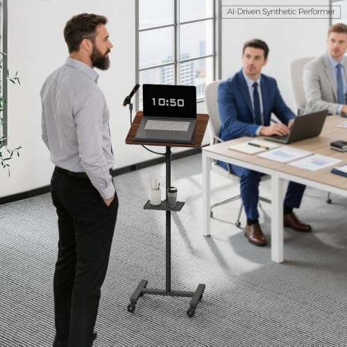 MAHANCRIS Podium Stand with Microphone Stand, Mobile Lectern and Laptop Desk with Storage Tray, 28.9-42.7 Inch Adjustable Height Portable Podium for Classroom, Conference Room, Walnut LPHA4001