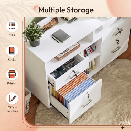 VINGLI Wood Mobile File Cabinet with 4 Drawers and Shelves, Printer Stand with Open Storage, Lockable Lateral Filing Cabinet for Home Office, Assembly Required, Light Beige Close to White
