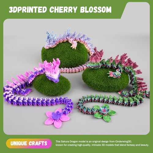 Outgoto 3D Printed Cherry Blossom Dragon – 11.8in Realistic Articulated Dragon Fidget Toy, Desk Décor and Collectible (Obsidian Bloom)