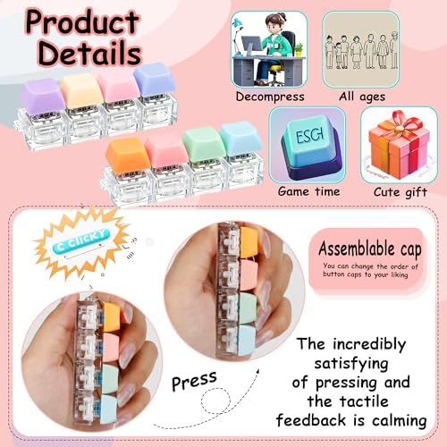 2 PCS Keyboard Fidget Toy, Keyboard Fidget Keychain 4-in-1 Keyboard Decompression Button Finger Clicker Toys, Button Stress Relief Fidget Gifts to Relief Stress (Purple Blue Pink Orange)
