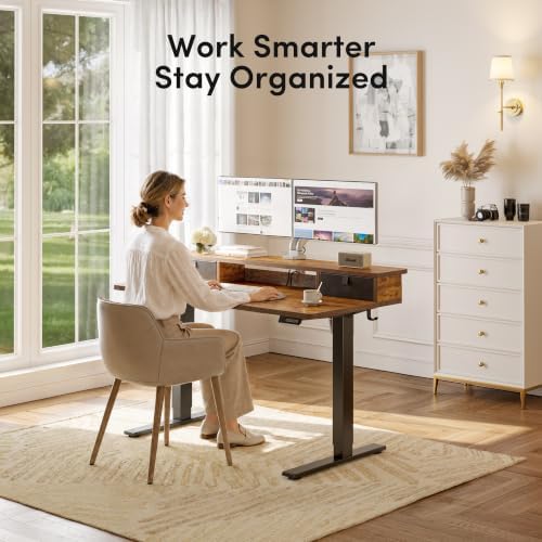 CubiCubi 48 x 24 Inch Electric Standing Desk with 2 Drawers, Brown