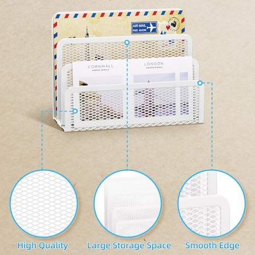 Marbrasse Mail Organizer for Desk, 3-Slot Mesh Metal Mail Holder countertop, Letter Holder, Office Desktop Envelope and Document Storage Rack (White)
