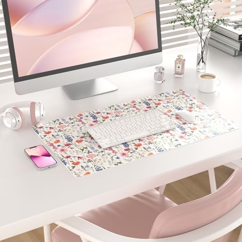 Colorful Star Large Mouse Pad, Watercolor Floral Desk Mat Office Supplies, Waterproof Faux Leather Big Gaming Mousepad for Women Girls, Flowers Desk Pad Home Office Décor Accessories 23.6" x 13.8"