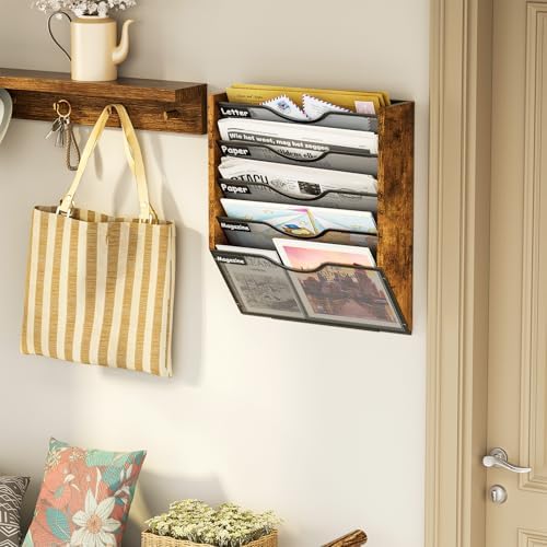 Ironwood Hanging Wall File Organizer, 5 Pocket Mesh Mail Organizer Wall Mounted with Nametag Label, Wall File Holder for Office Home School, Magazine Rack for Mail Paper Document Organization, Black
