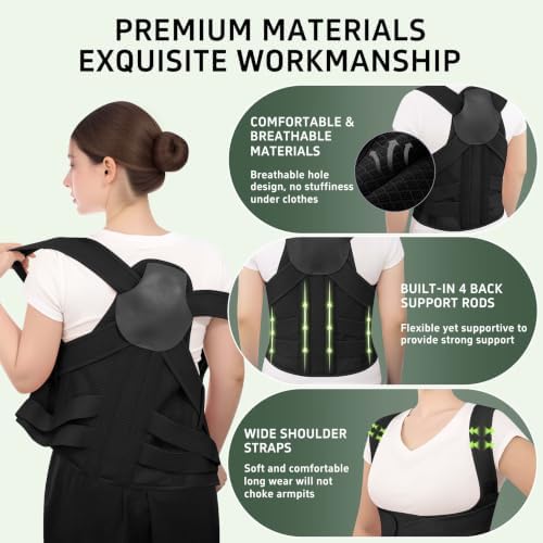 Posture Corrector for Women and Men Upper Back Brace Straightener Support Rounded Shoulder Adjustable Straps Breathable Mesh Office Work Computer Use Desk Job Studying Daily Wear (Black XL)