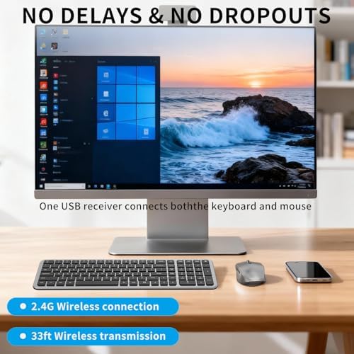 Wireless Keyboard and Mouse, Ultra-Thin Compact Full-Size Keyboard with Numeric Keypad, Calculator Button, USB Receiver, 3-Speed Adjustable DPI, Quiet Click Computer Mice for Laptop PC Windows Mac