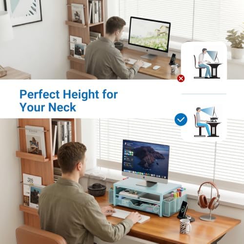 OPNICE Desk Organizers and Accessories, Computer Monitor Stand Riser with Drawer and 2 Pen Holders, Printer & Laptop Stand, Office Desk Accessories & Workspace Organizers for Home Office Supplies, Soft Blue
