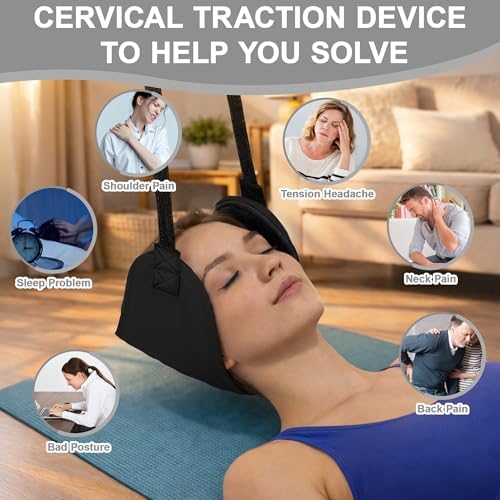 SPRING SEAON Neck Hammock Cervical Traction Device with Ear Pads, Black