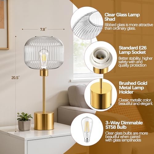 Glass Table Lamp for Living Room, Modern Gold Clear Bedroom Bedside Lamp