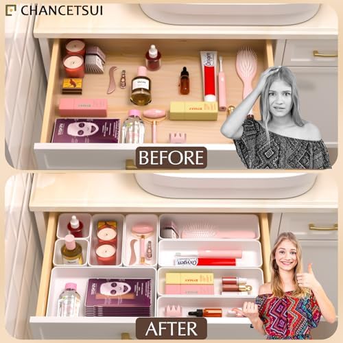White Desk Drawer Organizer Trays: 9PC Shallow Vanity Bathroom Organizers