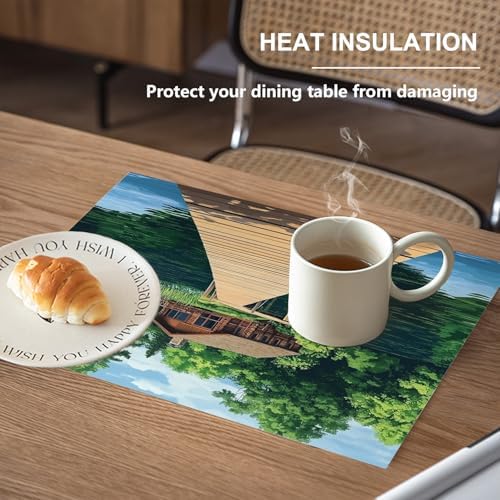 Peaceful Retreat Wooden Structure Linen Placemats, Water Body Lush Foliage Table Mats for Table Washable Heat Insulation Thick Dining Mat, Indoor/Outdoor 12X18 in 4 Pcs