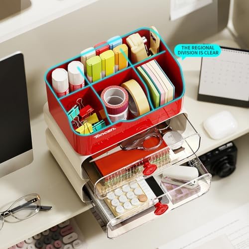 Desk Organizer with Drawers & Divided Compartments, Stackable Desktop Storage Caddy for Makeup and Office Stationery (Black)