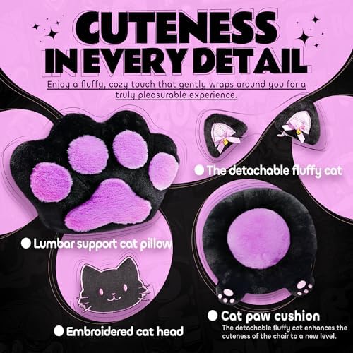 Pink Gaming Chair Cute with Cat Ears Paw Lumbar and Cushion,Ergonomic Computer Chair with Footrest,Reclining PC Game Chair for Girl Computer Chair 300lbs for Adult, Black and Purple