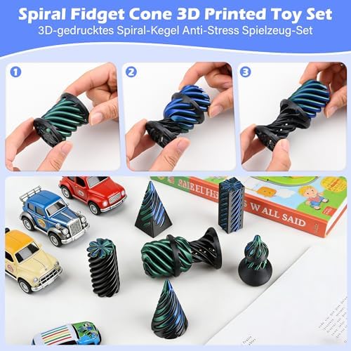 6 Pack 3D Printed Spiral Cone Fidget Toys Black Desk Relief Set