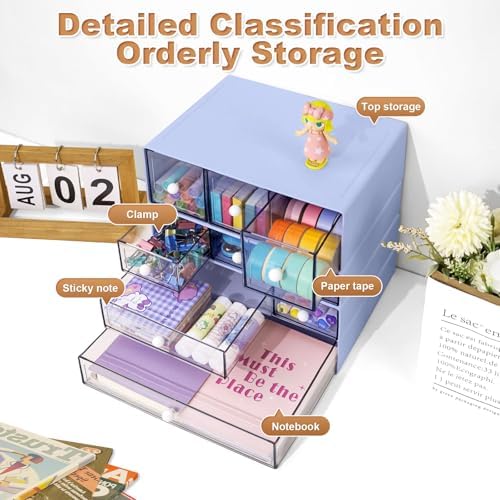 Desk Organizer with 9 Drawers, 4 Tier Plastic Stackable Storage Drawers for Desk Storage, Office Stationary Makeup Organizer Suit for Home, Office and School