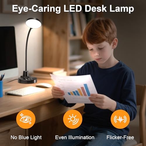 15W LED Desk Lamp with USB Charging Ports, [Button & Remote Control] Dimmable Table Lamp with 3 Color Modes, 5 Brightness Levels, 4 Timers, Flexible Reading Light for Home Office, Bedroom, Kids Study